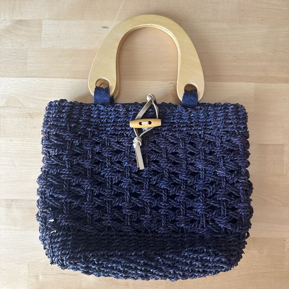 Vintage Faded Glory Woven Bag w/ Wooden Handles - Picture 1 of 5